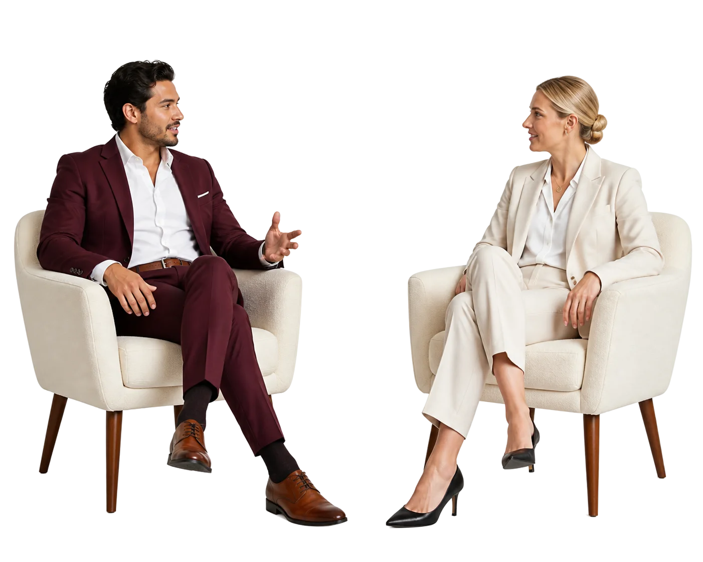 Two consultants in conversation across armchairs